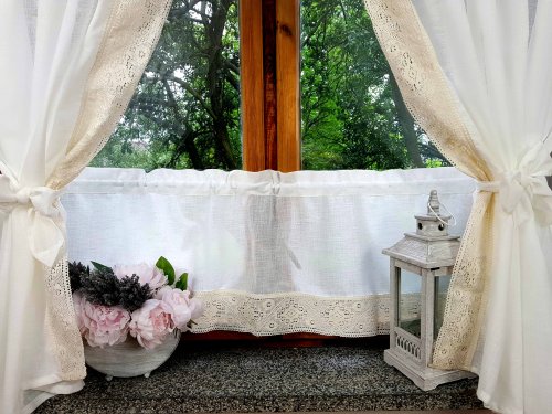 ZESTAW ZASŁON+ZAZDROSTKA KREMOWA KORONKA LEN SHABBY