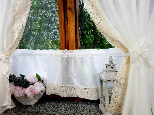 ZESTAW ZASŁON+ZAZDROSTKA KREMOWA KORONKA LEN SHABBY