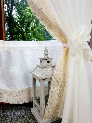 ZESTAW ZASŁON+ZAZDROSTKA KREMOWA KORONKA LEN SHABBY