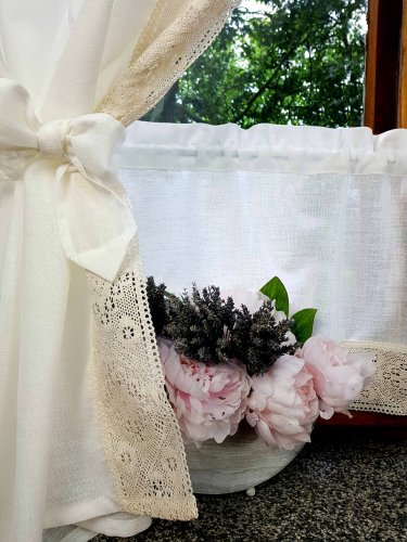 ZESTAW ZASŁON+ZAZDROSTKA KREMOWA KORONKA LEN SHABBY