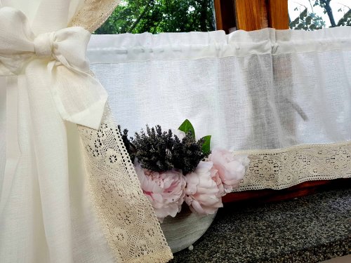 ZESTAW ZASŁON+ZAZDROSTKA KREMOWA KORONKA LEN SHABBY