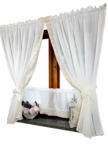 Zestaw zasłon+zazdrostka kremowa koronka len shabby