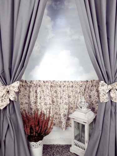 Zakostyl zasłony szare + zazdrostka vintage róża