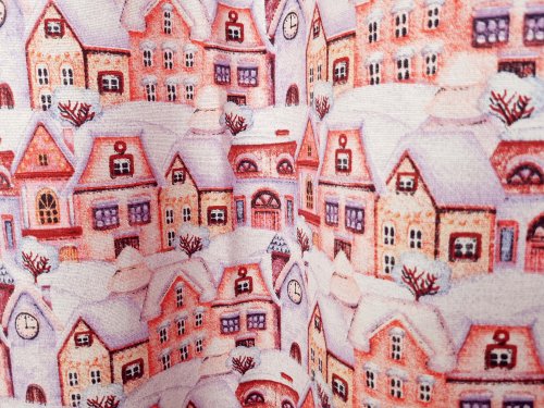TKANINA DEKORACYJNA ŚNIEG DOMKI 1mb