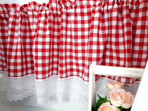 ZAKOSTYL KOMPLET CZERWONA KRATA BIAŁA KORONKA