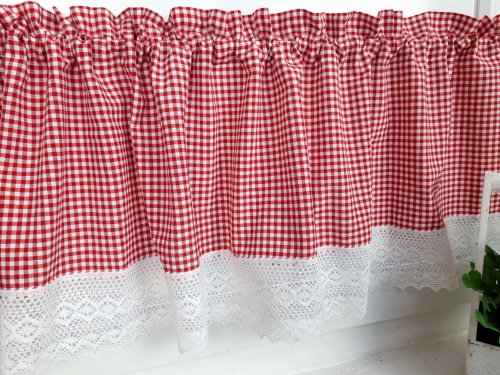 ZAKOSTYL KOMPLET CZERWONA KRATA BIAŁA KORONKA