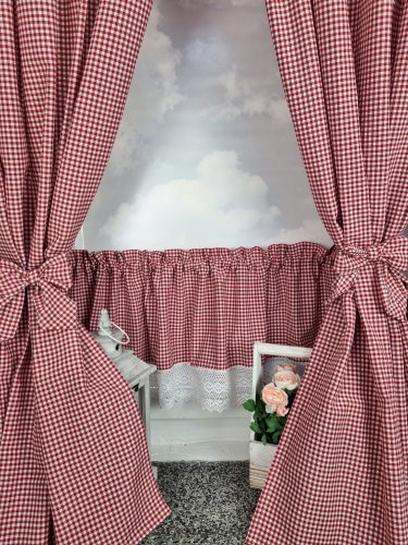 ZAKOSTYL ZASŁONY + ZAZDROSTKA KRATKA VICHY OBUSTRONNA  KORONKA CZ