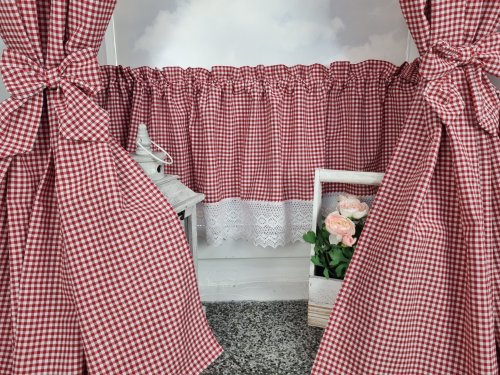 ZAKOSTYL ZASŁONY + ZAZDROSTKA KRATKA VICHY OBUSTRONNA  KORONKA CZ