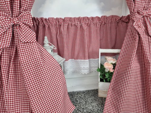 ZAKOSTYL ZASŁONY + ZAZDROSTKA KRATKA VICHY OBUSTRONNA  KORONKA CZ