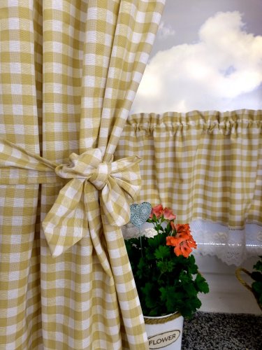 ZAKOSTYL ZASŁONY+LAMBREKIN BEŻ-BRĄZ KRATA KORONKA