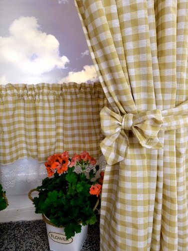 ZAKOSTYL ZASŁONY+LAMBREKIN BEŻ-BRĄZ KRATA KORONKA