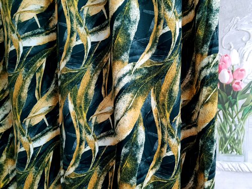 ZASŁONA ZŁOTE LIŚCIE NA CZARNYM TLE SZER.140cm