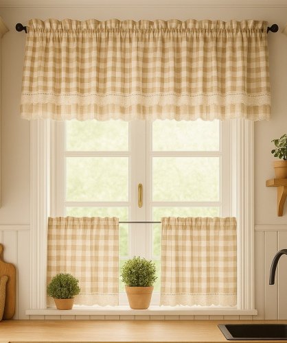 Zestaw lambrekin + zazdrostka beż brąz krata rustyka