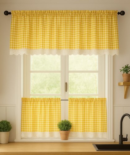 Zestaw lambrekin + zazdrostka żółta krata rustyka koronka