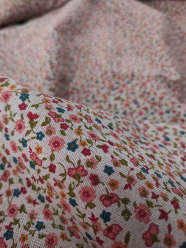 Tkanina naturalny splot kwiatuszki na szarym beżu 140cm hiszpańska