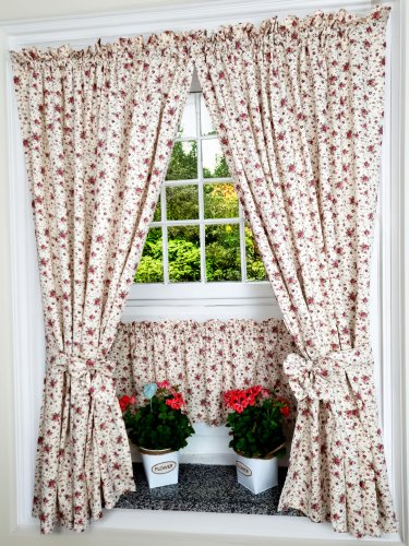 ZESTAW ZASŁON+ZAZDROSTKA KREM MAŁE RÓŻE PROWANSJA