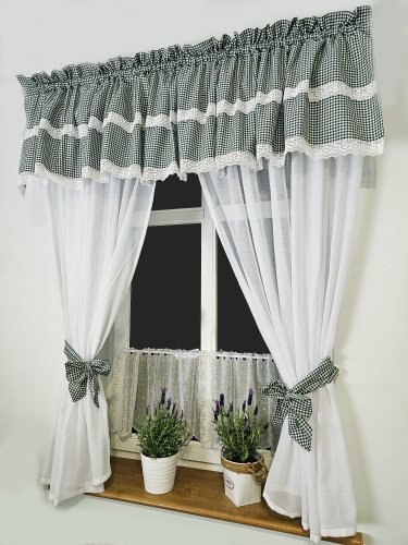 Zestaw zasłon + lambrekin + zazdrostka zielona kratka koronka