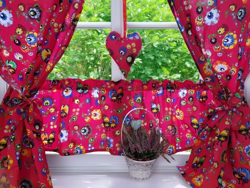 KOMPLET DO KUCHNI FOLK KOGUTY MALINOWE