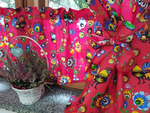 KOMPLET DO KUCHNI FOLK KOGUTY MALINOWE