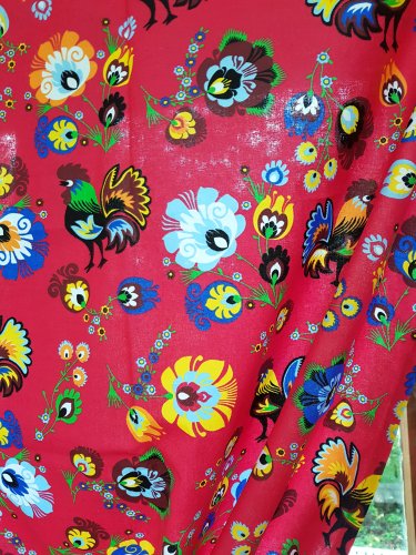 KOMPLET DO KUCHNI FOLK KOGUTY MALINOWE