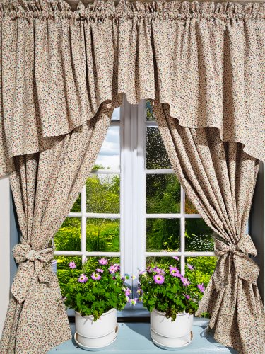 ZESTAW ZASŁON + LAMBREKIN BEŻ KOLOROWE KWIATUSZKI