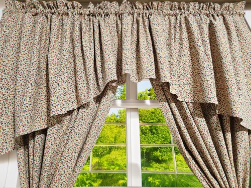 ZESTAW ZASŁON + LAMBREKIN BEŻ KOLOROWE KWIATUSZKI