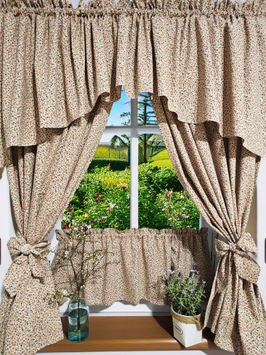 ZESTAW ZASŁON + LAMBREKIN + ZAZDROSTKA BEŻ KOLOROWE KWIATUSZKI