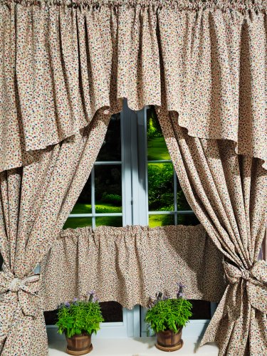 ZESTAW ZASŁON + LAMBREKIN + ZAZDROSTKA BEŻ KOLOROWE KWIATUSZKI