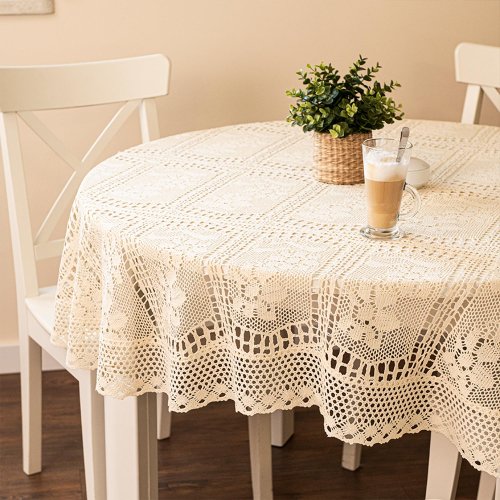 Obrus inka ecru/krem koronka okrągły