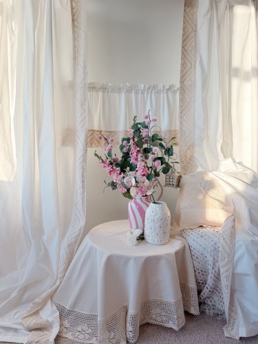 ZESTAW ZASŁON+ZAZDROSTKA KREMOWA KORONKA SHABBY VINTAGE