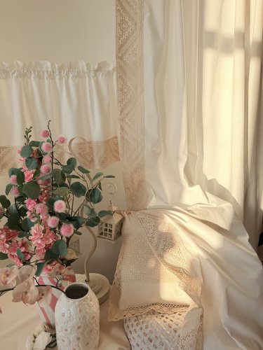 ZESTAW ZASŁON+ZAZDROSTKA KREMOWA KORONKA SHABBY VINTAGE