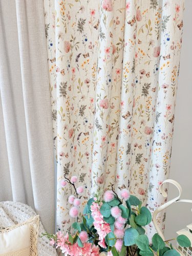 ZASŁONA Z DODATKIEM LNU SZER.150CM ŁĄKA NA KREMIE 