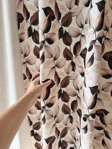 ZASŁONA Z DODATKIEM LNU SZER.150CM BRĄZ LIŚCIE NA KREMIE 