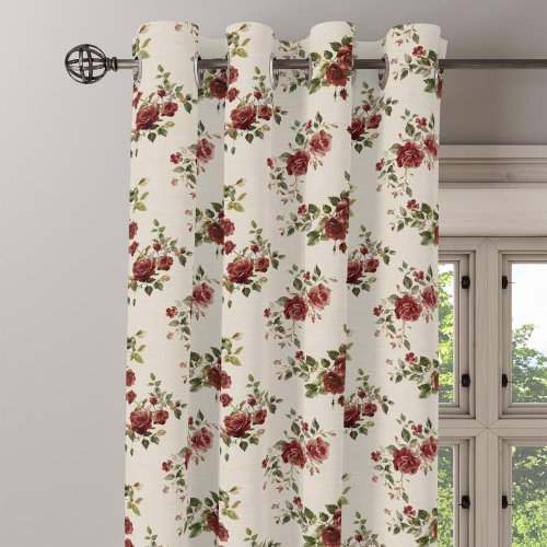 ZASŁONA Z DODATKIEM LNU SZER.150CM RÓŻE CZERWONE 