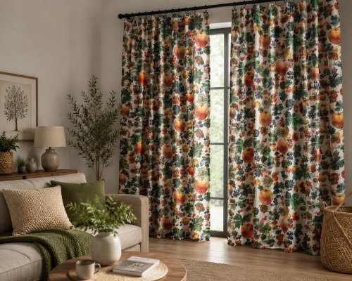 ZASŁONA Z DODATKIEM LNU SZER.150CM OWOCE