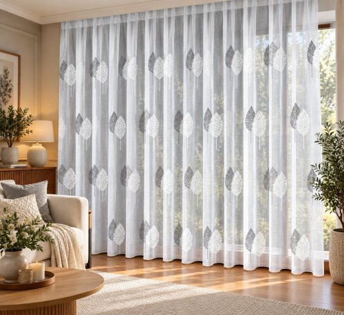 FIRANA HAFTOWANE APLIKACJE LIŚCIE SZARE ETAMINA OŁ. 300CM