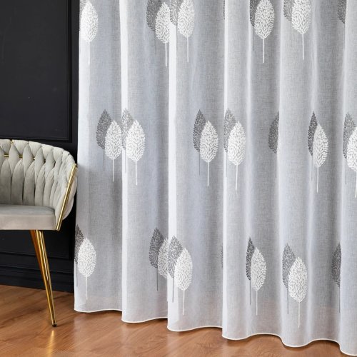 FIRANA HAFTOWANE APLIKACJE LIŚCIE SZARE ETAMINA OŁ. 300CM