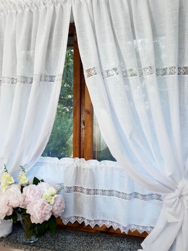 ZAKOSTYL ZASŁONY + ZAZDROSTKA BIAŁE SPLOT LEN KORONKA SHABBY4