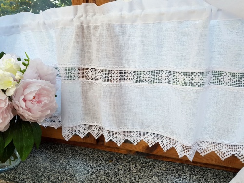 ZAKOSTYL ZASŁONY + ZAZDROSTKA BIAŁE SPLOT LEN KORONKA SHABBY4