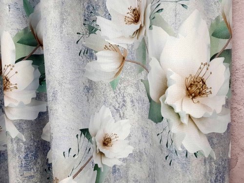 Tkanina zasłonowa miętowe magnolie na szarym tle velvet 1mb