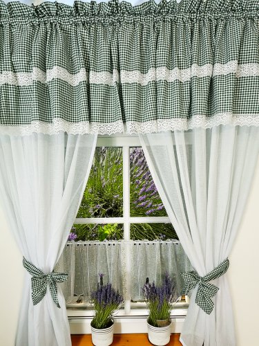 ZESTAW ZASŁON + LAMBREKIN + ZAZDROSTKA ZIELONA KRATKA KORONKA