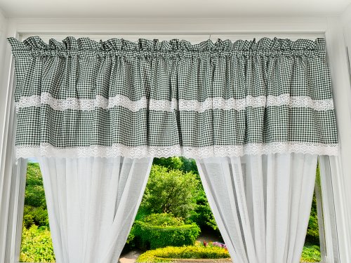 ZESTAW ZASŁON + LAMBREKIN + ZAZDROSTKA ZIELONA KRATKA KORONKA