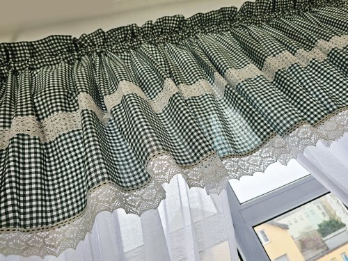 ZESTAW ZASŁON + LAMBREKIN + ZAZDROSTKA ZIELONA KRATKA KORONKA