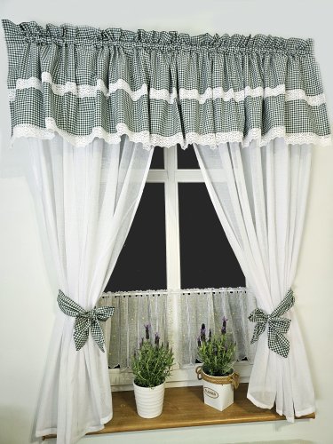 ZESTAW ZASŁON + LAMBREKIN + ZAZDROSTKA ZIELONA KRATKA KORONKA