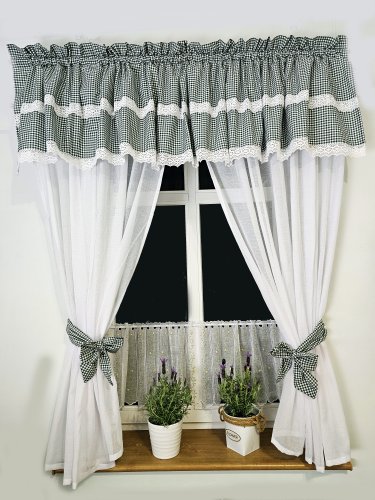 ZESTAW ZASŁON + LAMBREKIN + ZAZDROSTKA ZIELONA KRATKA KORONKA