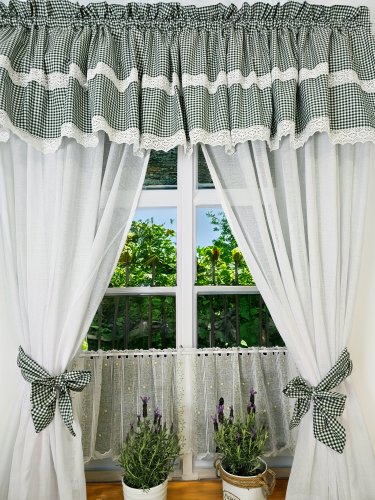 ZESTAW ZASŁON + LAMBREKIN + ZAZDROSTKA ZIELONA KRATKA KORONKA