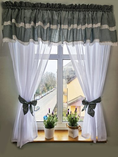 ZESTAW ZASŁON + LAMBREKIN ZIELONA KRATKA KORONKA