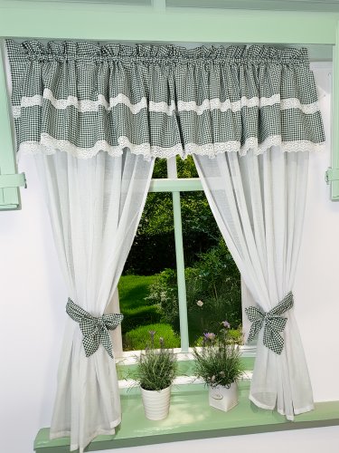 ZESTAW ZASŁON + LAMBREKIN ZIELONA KRATKA KORONKA