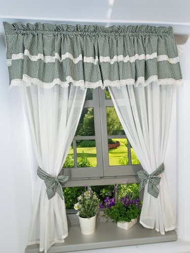 ZESTAW ZASŁON + LAMBREKIN ZIELONA KRATKA KORONKA