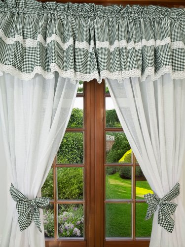 ZESTAW ZASŁON + LAMBREKIN ZIELONA KRATKA KORONKA